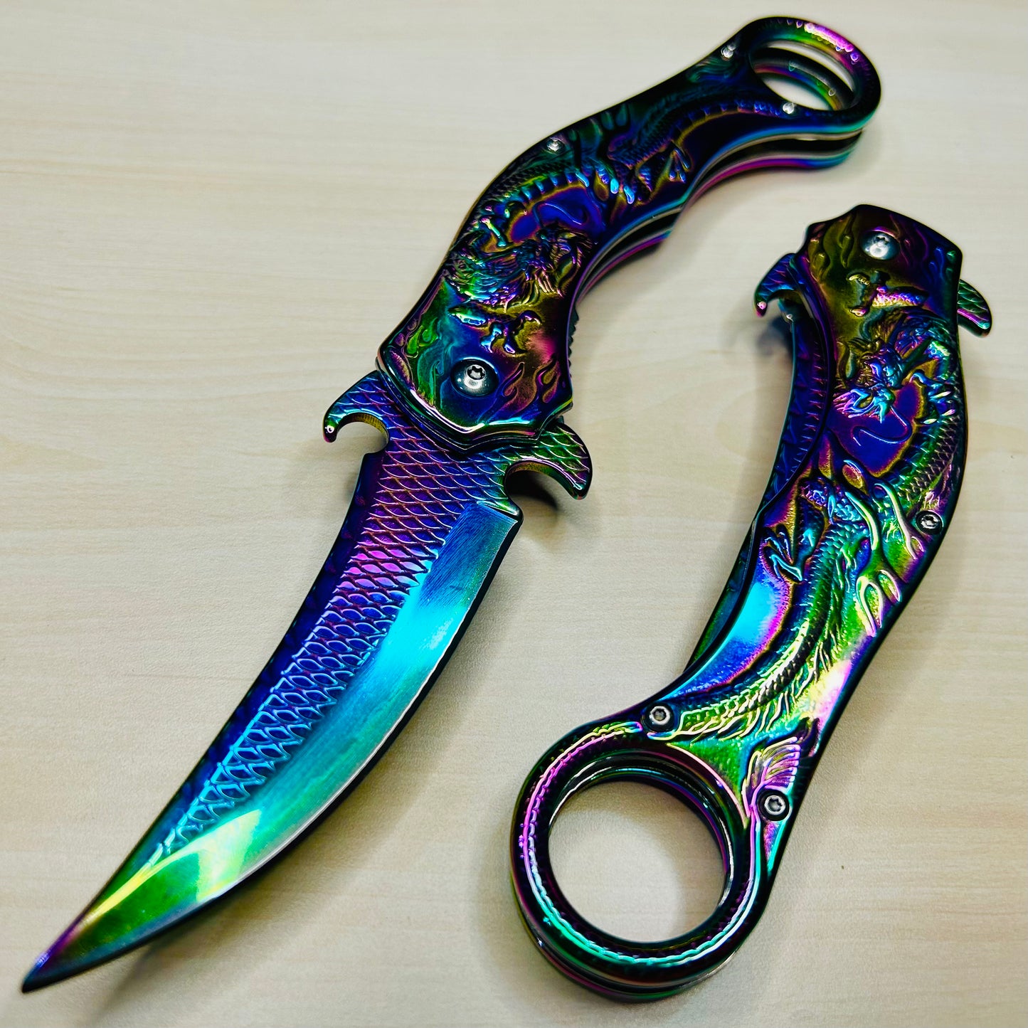 ElitEdge 9” Rainbow Dragon Cute Karambit Spring Assisted Open Folding Pocket Knife. Tactical Hunting Camping Cool Knife
