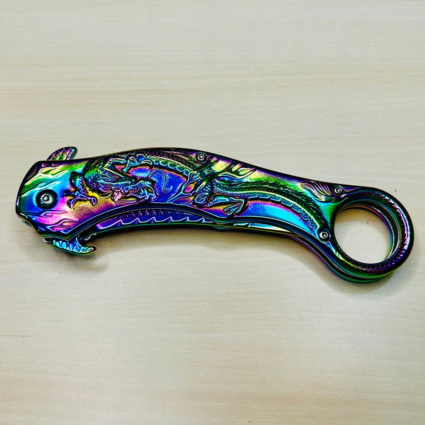 ElitEdge 9” Rainbow Dragon Cute Karambit Spring Assisted Open Folding Pocket Knife. Tactical Hunting Camping Cool Knife