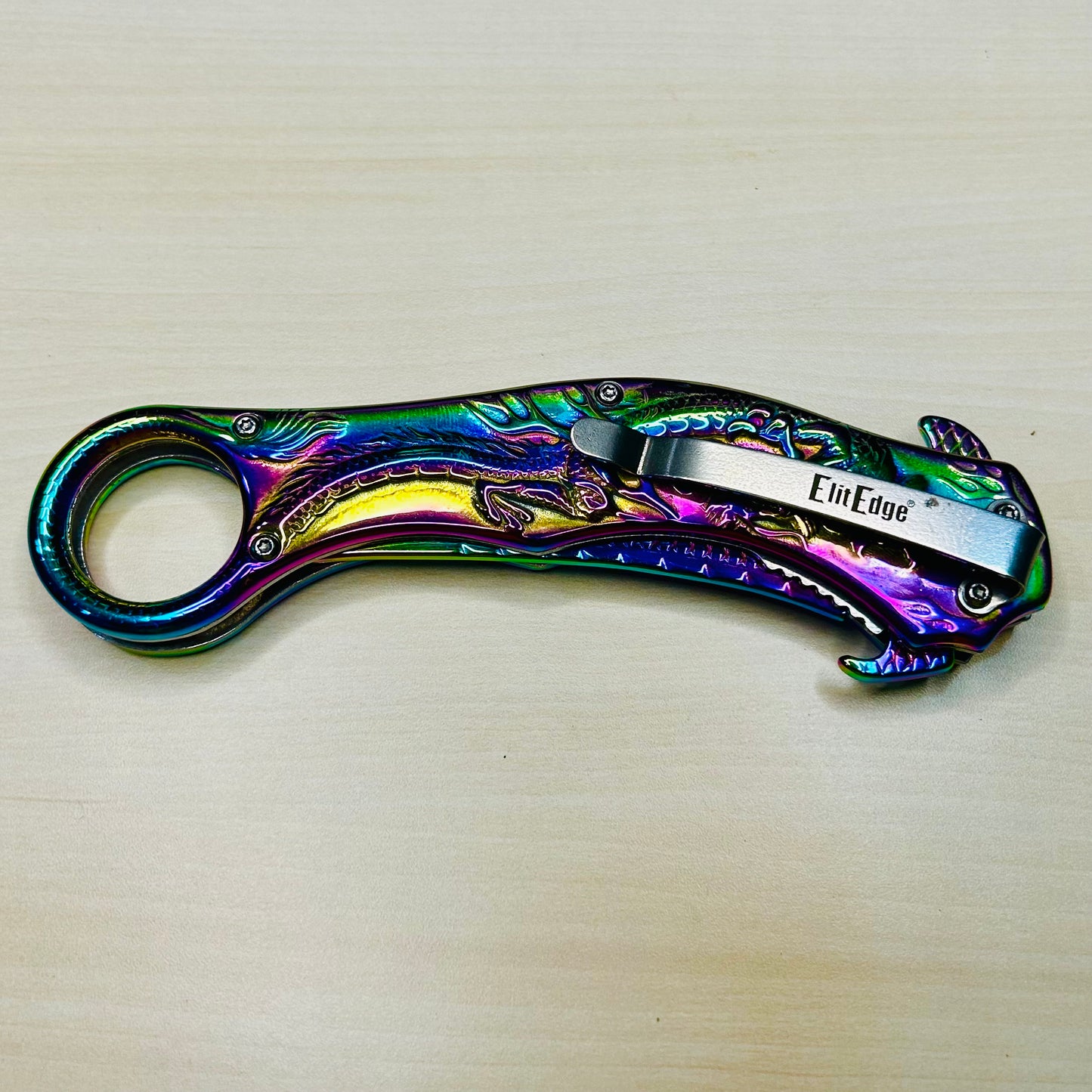 ElitEdge 9” Rainbow Dragon Cute Karambit Spring Assisted Open Folding Pocket Knife. Tactical Hunting Camping Cool Knife