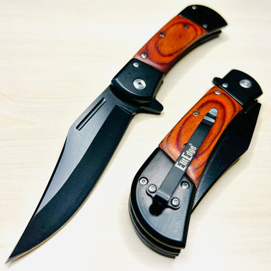 ElitEdge 8.75” Wood Black Cute Tactical Spring Assisted Open Blade Folding Pocket knife. Hunting, Camping, Cool Knife.