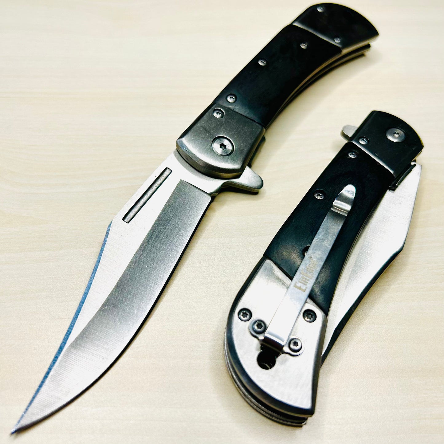 ElitEdge 8.75” Black Wood Cute Tactical Black Spring Assisted Open Blade Folding Pocket knife. Hunting, Camping, Cool Knife