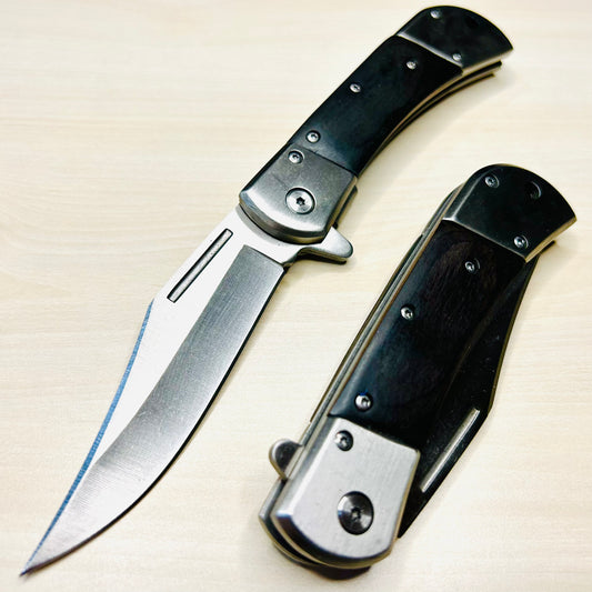 ElitEdge 8.75” Black Wood Cute Tactical Black Spring Assisted Open Blade Folding Pocket knife. Hunting, Camping, Cool Knife