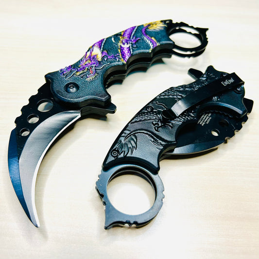 ElitEdge 7” Purple Dragon Karambit Knife Spring Assisted Open Blade Folding Pocket Knife. Hunting, Camping, Cute Knife. Cool Knife