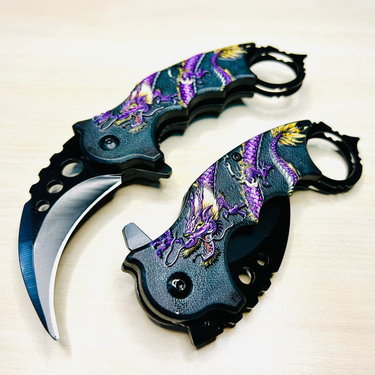 ElitEdge 7” Purple Dragon Karambit Knife Spring Assisted Open Blade Folding Pocket Knife. Hunting, Camping, Cute Knife. Cool Knife