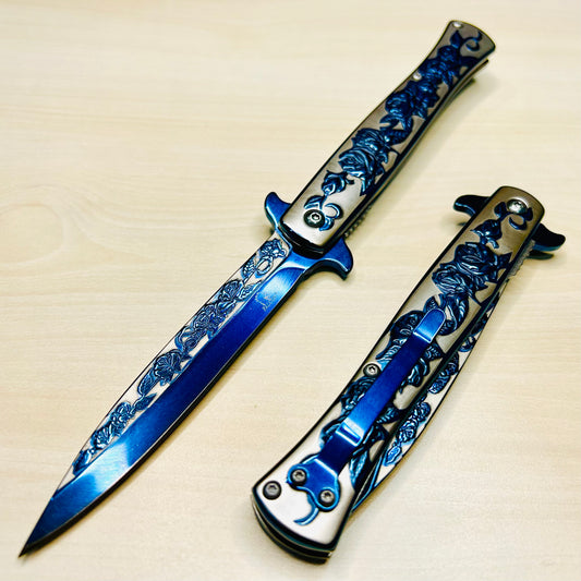 BladeDealUSA 9” Blue Rose Engraved Cute Spring Assisted Open Blade Folding Pocket Knife. Hunting, Camping Knife. Cool Knife. Cute Knife