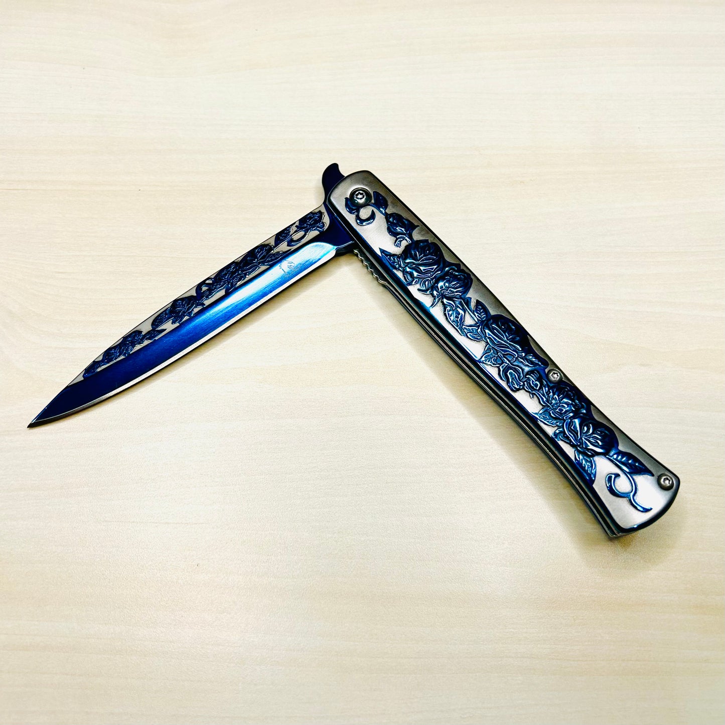 BladeDealUSA 9” Blue Rose Engraved Cute Spring Assisted Open Blade Folding Pocket Knife. Hunting, Camping Knife. Cool Knife. Cute Knife