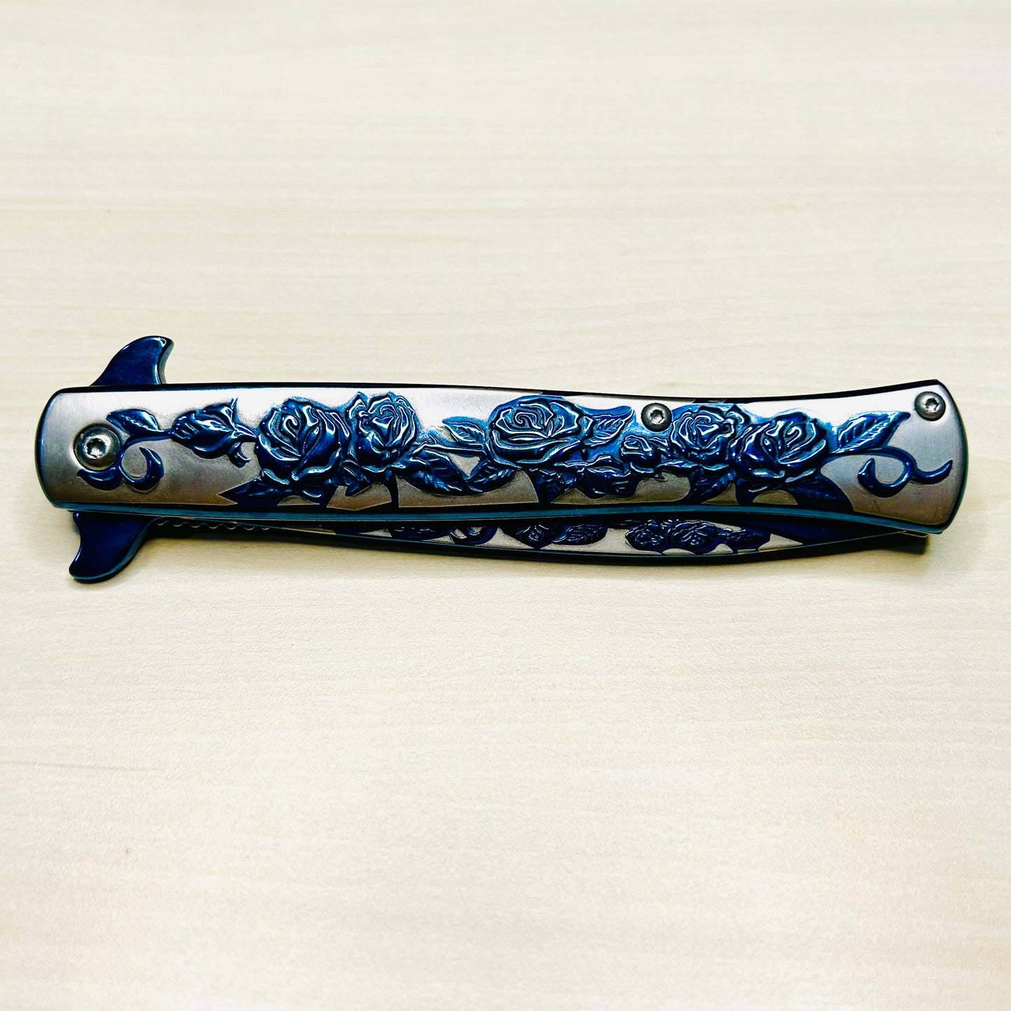 BladeDealUSA 9” Blue Rose Engraved Cute Spring Assisted Open Blade Folding Pocket Knife. Hunting, Camping Knife. Cool Knife. Cute Knife