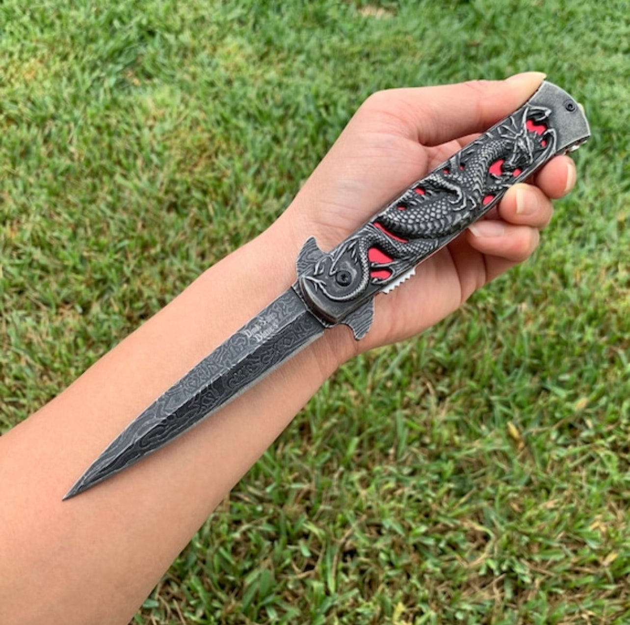 BladeDealUSA DarkSide Blades 8.75” Dragon Engraved Red Stiletto Knife Tactical Spring Assisted Open Blade Folding Pocket knife