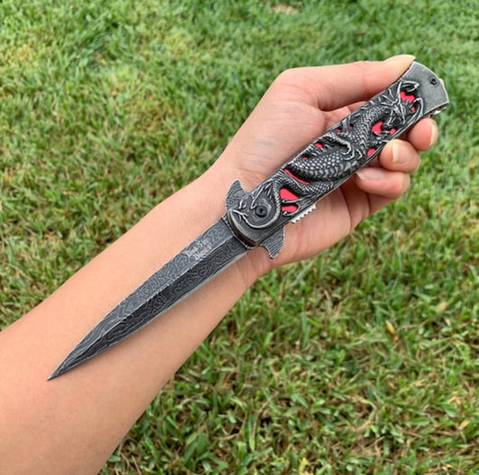 BladeDealUSA DarkSide Blades 8.75” Dragon Engraved Red Stiletto Knife Tactical Spring Assisted Open Blade Folding Pocket knife