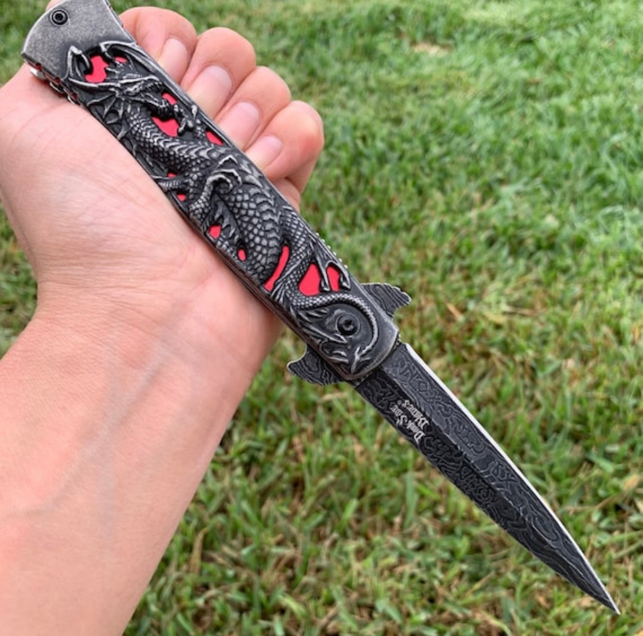 BladeDealUSA DarkSide Blades 8.75” Dragon Engraved Red Stiletto Knife Tactical Spring Assisted Open Blade Folding Pocket knife
