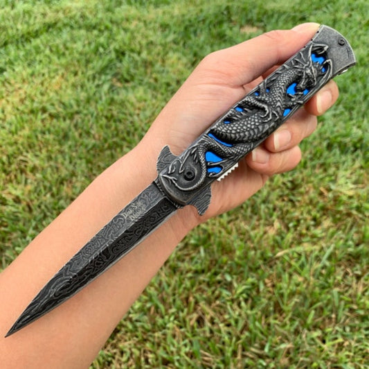 BladeDealUSA DarkSide Blades 8.75” Dragon Engraved Blue Stiletto Knife Tactical Spring Assisted Open Blade Folding Pocket knife