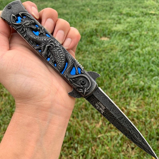BladeDealUSA DarkSide Blades 8.75” Dragon Engraved Blue Stiletto Knife Tactical Spring Assisted Open Blade Folding Pocket knife