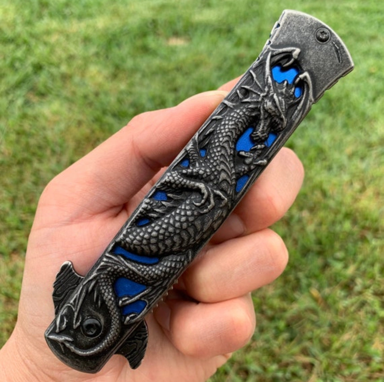 BladeDealUSA DarkSide Blades 8.75” Dragon Engraved Blue Stiletto Knife Tactical Spring Assisted Open Blade Folding Pocket knife