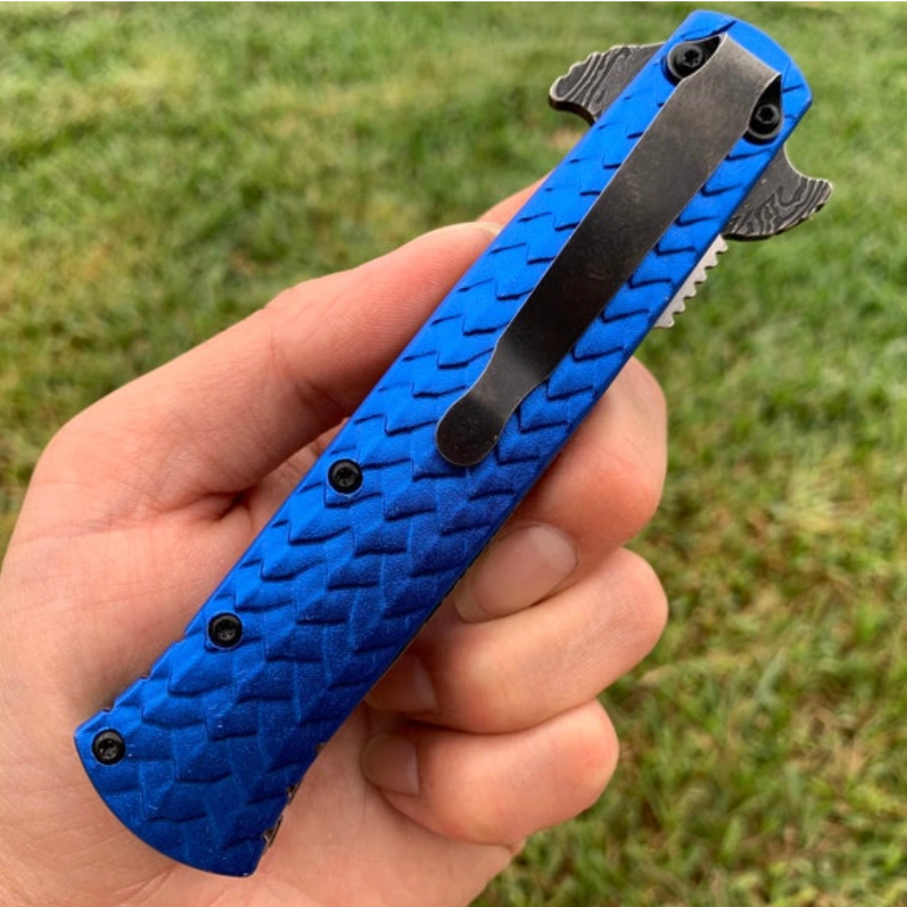 BladeDealUSA DarkSide Blades 8.75” Dragon Engraved Blue Stiletto Knife Tactical Spring Assisted Open Blade Folding Pocket knife