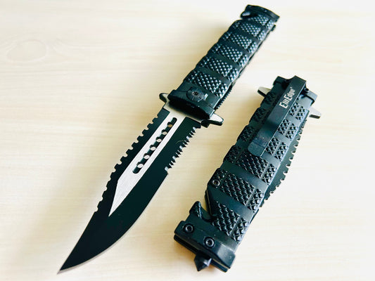 ElitEdge 8.5” Black Military Tactical Cool Knife Spring Assisted Open Blade Folding Pocket knife. Hunting, Camping, Cute Knife. Cool Knives