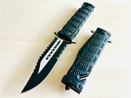 ElitEdge 8.5” Black Military Tactical Cool Knife Spring Assisted Open Blade Folding Pocket knife. Hunting, Camping, Cute Knife. Cool Knives