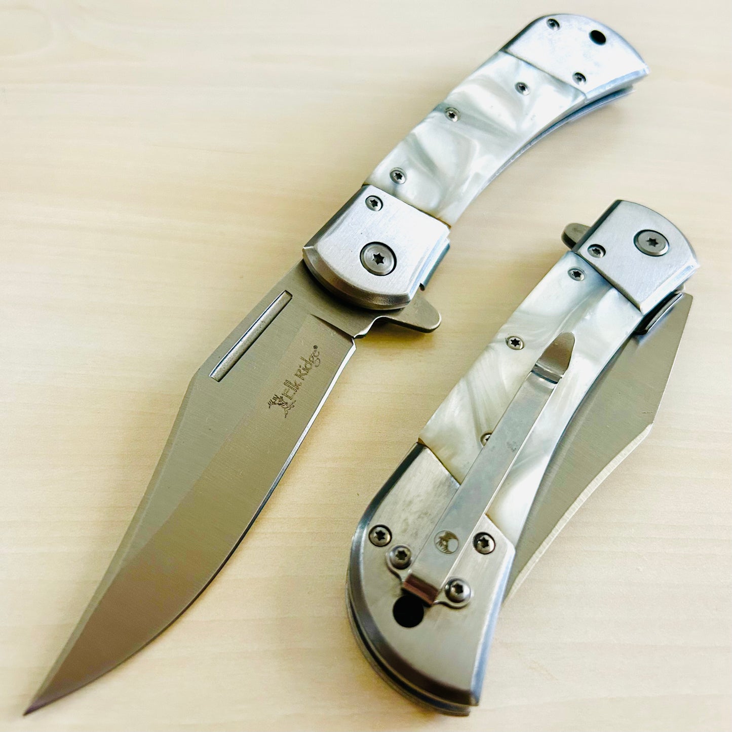 ElitEdge 8.75” Pearl Cute Tactical Silver Spring Assisted Open Blade Folding Pocket knife. Hunting, Camping, Cool Knife