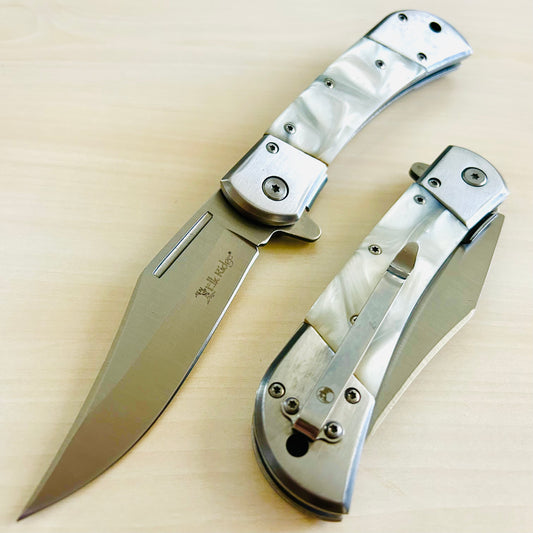 ElitEdge 8.75” Pearl Cute Tactical Silver Spring Assisted Open Blade Folding Pocket knife. Hunting, Camping, Cool Knife