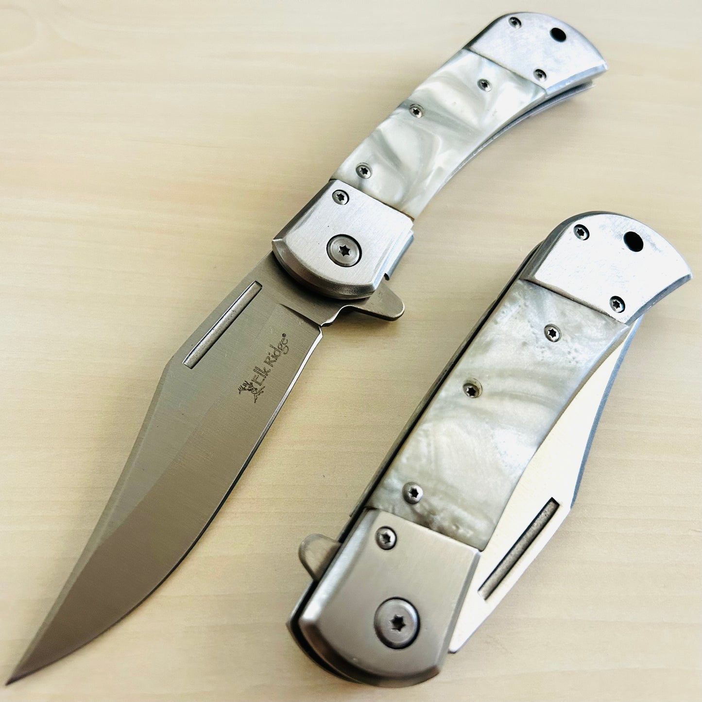 ElitEdge 8.75” Pearl Cute Tactical Silver Spring Assisted Open Blade Folding Pocket knife. Hunting, Camping, Cool Knife