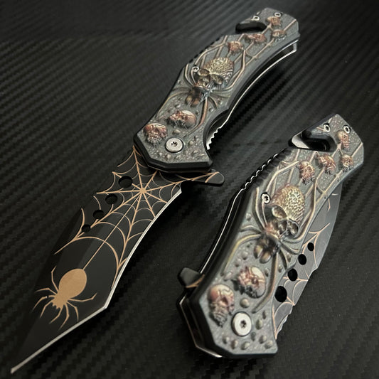 ElitEdge 8.5” Black Spider Tactical Spring Assisted Open Blade Folding Pocket Knife Cool Knife Cute Knife Hunting Knife