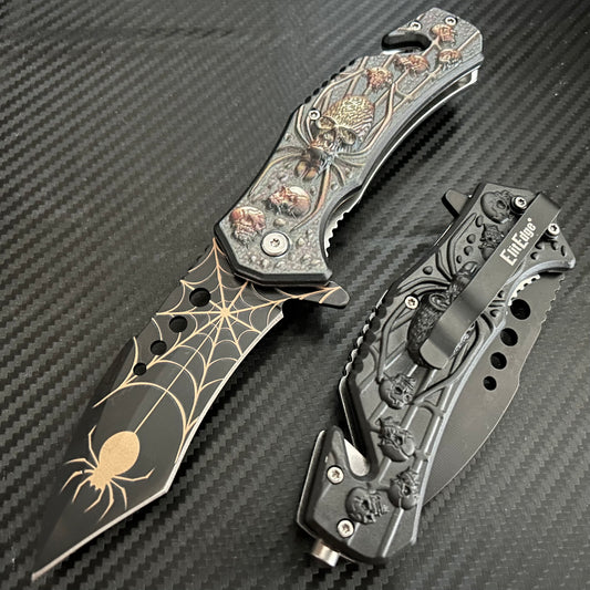 ElitEdge 8.5” Black Spider Tactical Spring Assisted Open Blade Folding Pocket Knife Cool Knife Cute Knife Hunting Knife