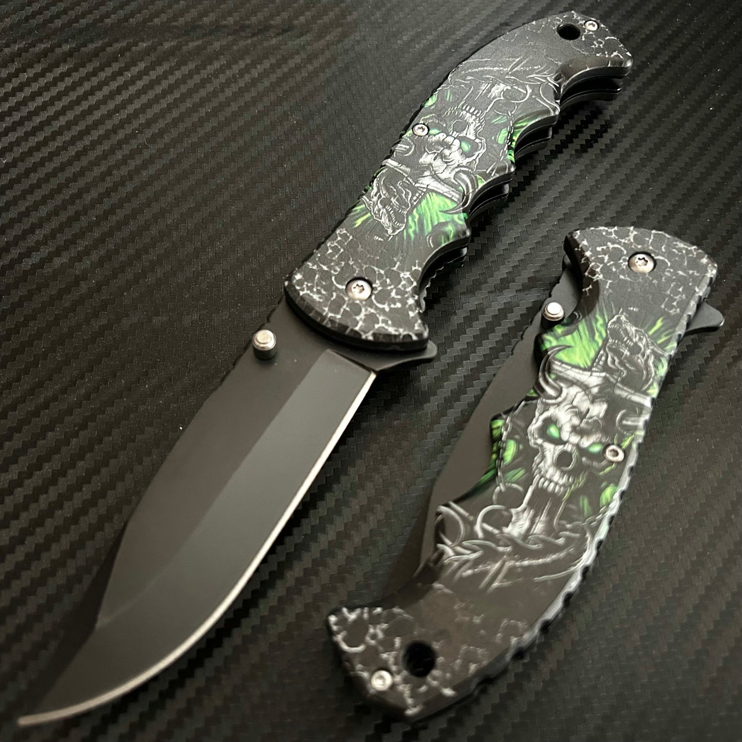 ElitEdge 8” Green Dragon Skull Tactical Cool Knife Spring Assisted Open Blade Folding Pocket knife. Hunting, Camping, Cute Knife. Cool Knives