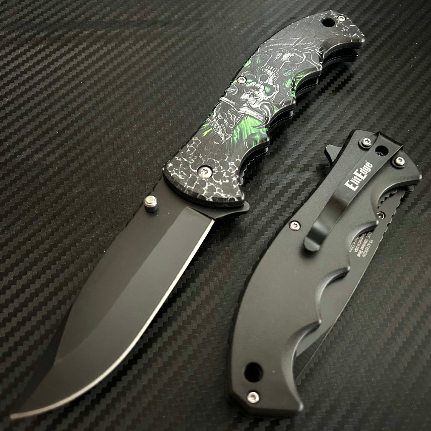 ElitEdge 8” Green Dragon Skull Tactical Cool Knife Spring Assisted Open Blade Folding Pocket knife. Hunting, Camping, Cute Knife. Cool Knives