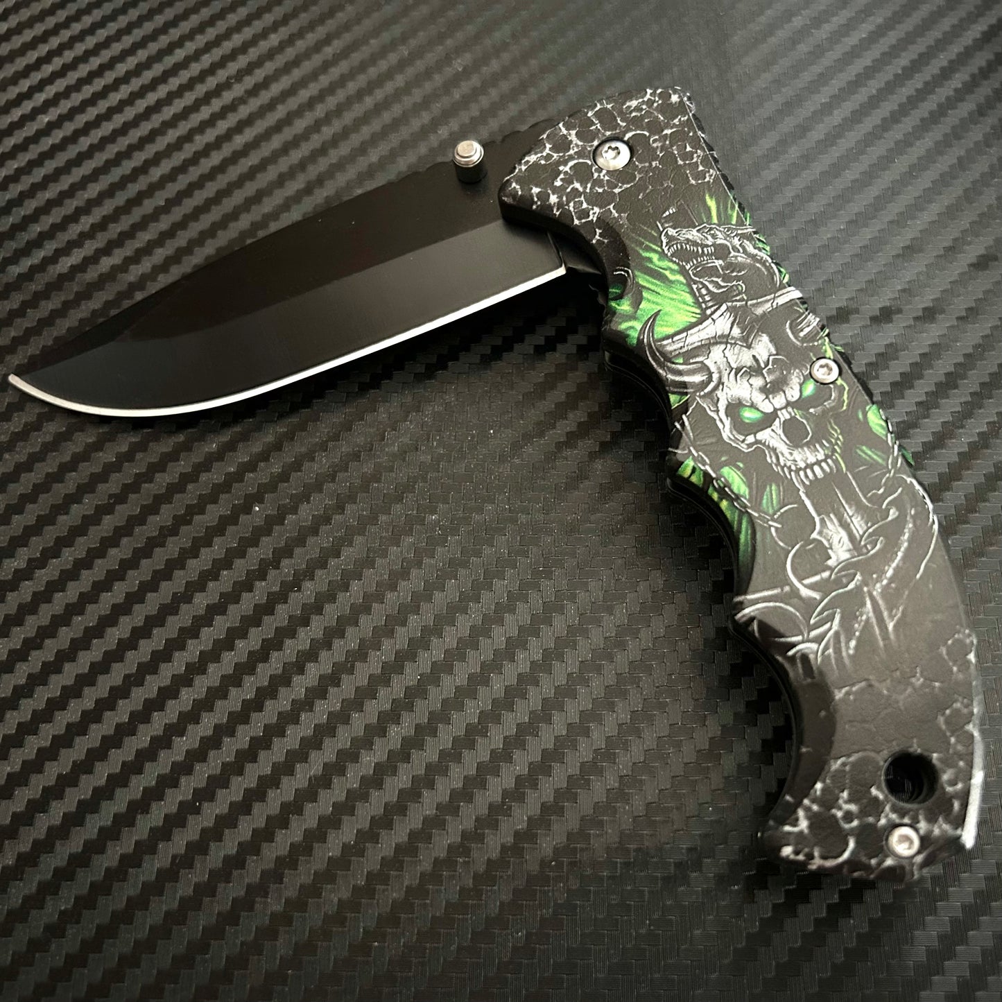 ElitEdge 8” Green Dragon Skull Tactical Cool Knife Spring Assisted Open Blade Folding Pocket knife. Hunting, Camping, Cute Knife. Cool Knives