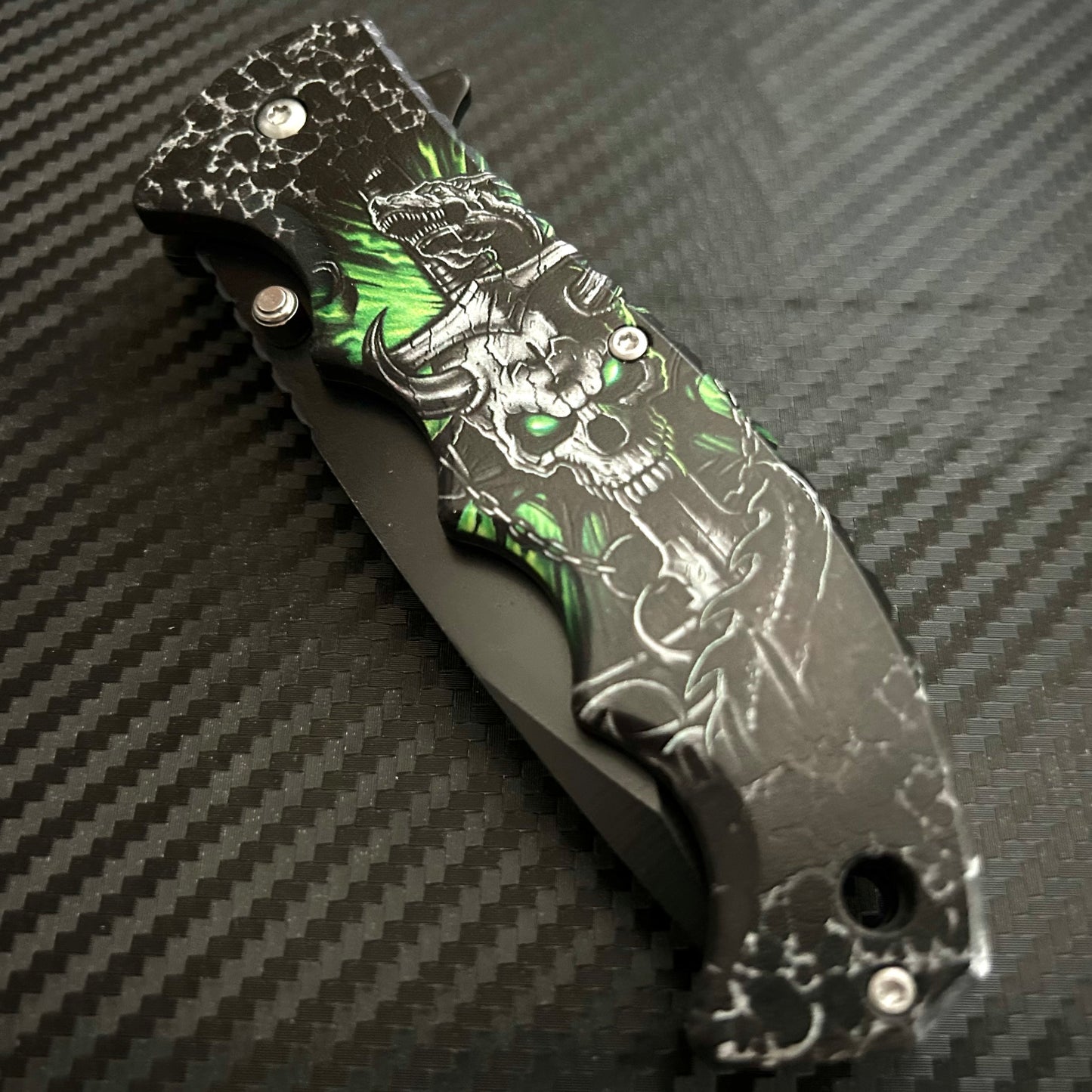ElitEdge 8” Green Dragon Skull Tactical Cool Knife Spring Assisted Open Blade Folding Pocket knife. Hunting, Camping, Cute Knife. Cool Knives