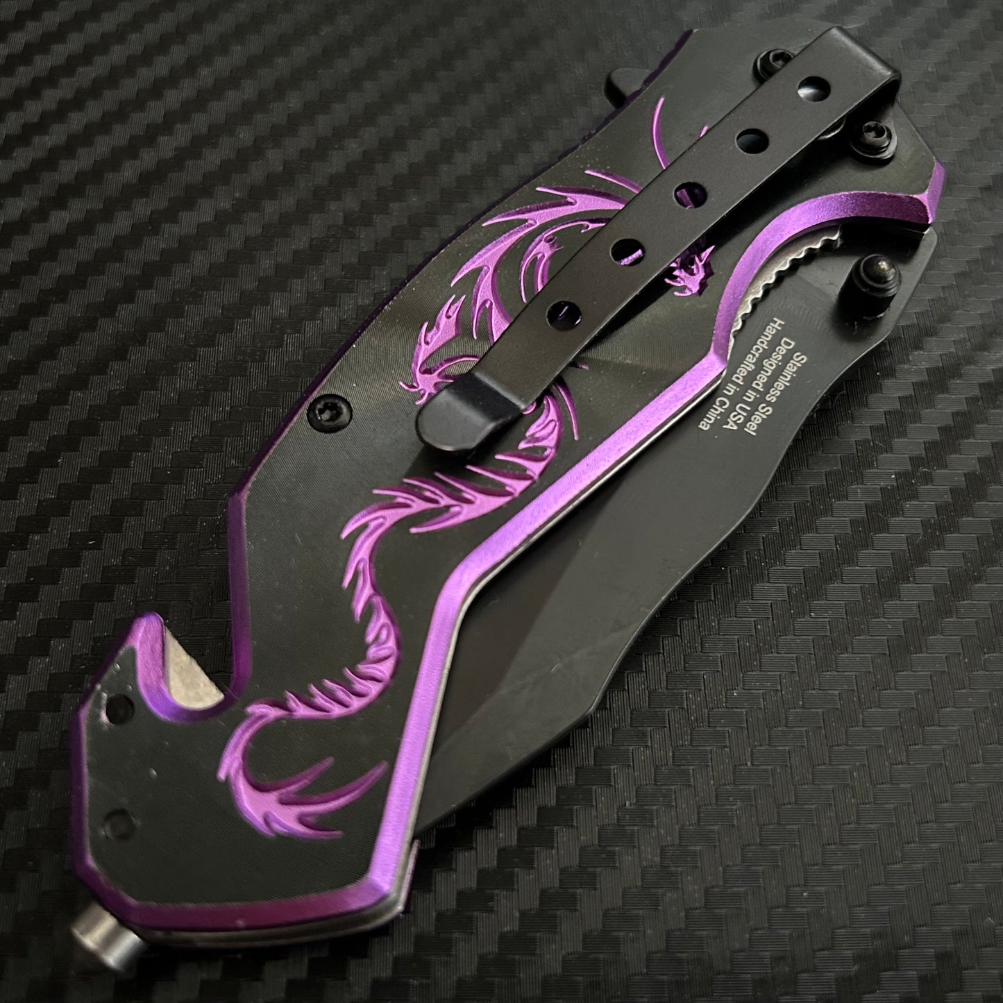 ElitEdge 8” Purple Dragon Mini Cute Knife Spring Assisted Open Blade Folding Pocket Knife. Hunting, Camping, Cute Knife. Cool Knife