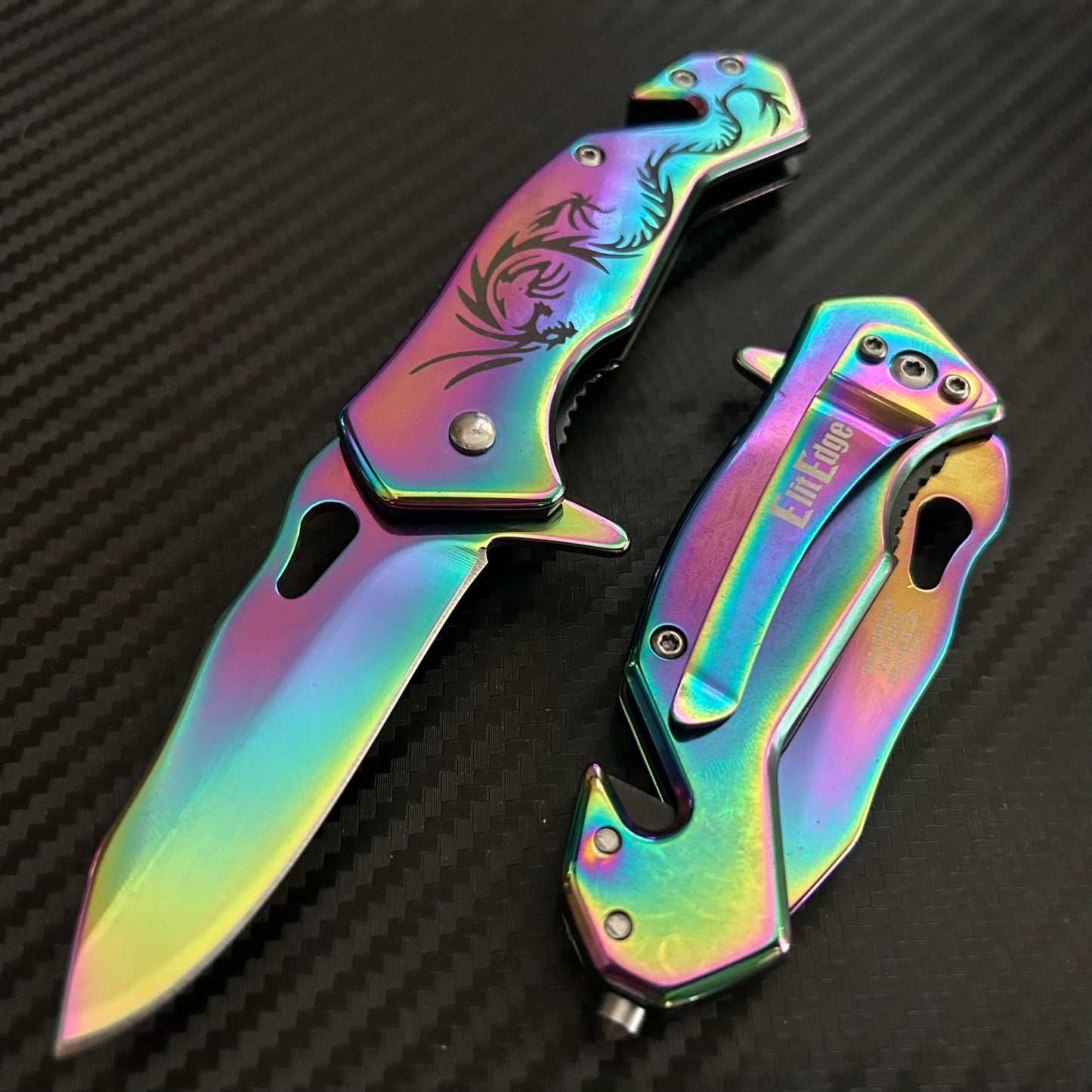 ElitEdge 6” Rainbow Dragon Mini Cute Knife Spring Assisted Open Blade Folding Pocket Knife. Hunting, Camping, Cute Knife. Cool Knife.
