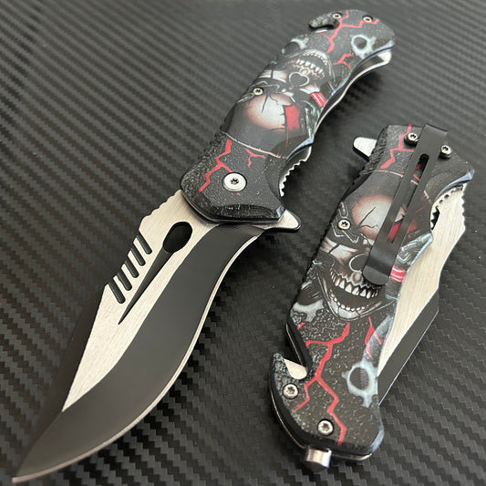 ElitEdge 8.5” Skull Tactical Spring Assisted Open Blade Folding Pocket Knife Cool Knife Cute Knife Hunting Knife