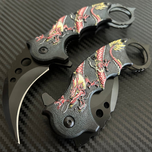 ElitEdge 7” Red Dragon Karambit Knife Spring Assisted Open Blade Folding Pocket Knife. Hunting, Camping, Cute Knife. Cool Knife