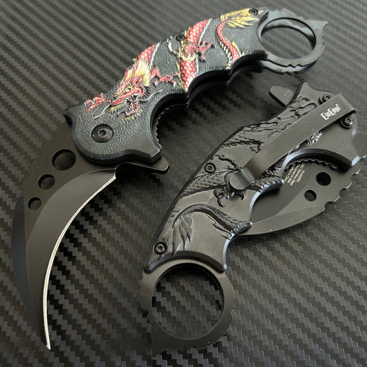 ElitEdge 7” Red Dragon Karambit Knife Spring Assisted Open Blade Folding Pocket Knife. Hunting, Camping, Cute Knife. Cool Knife
