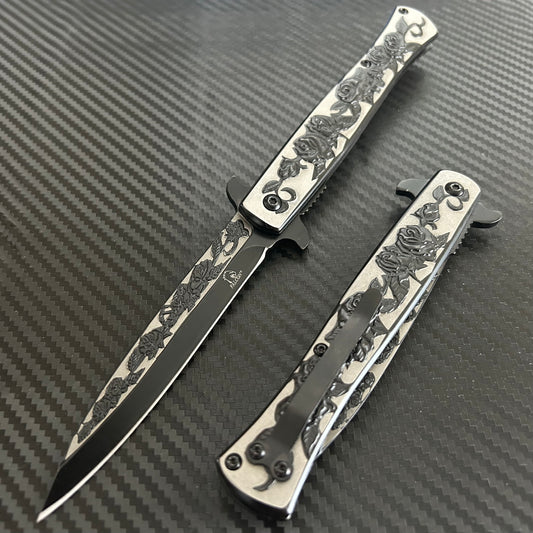 BladeDelaUSA 9” Black Rose Engraved Cute Spring Assisted Open Blade Folding Pocket Knife. Hunting, Camping, Cute Knife. Cool Knife