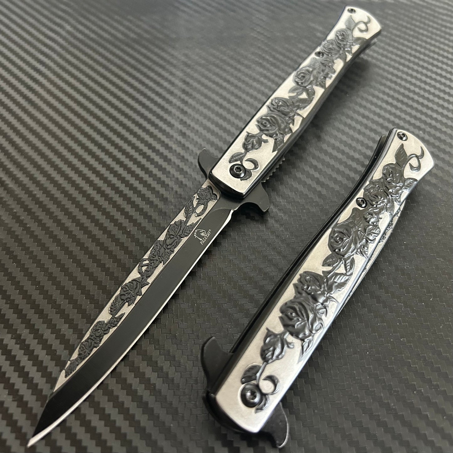 BladeDelaUSA 9” Black Rose Engraved Cute Spring Assisted Open Blade Folding Pocket Knife. Hunting, Camping, Cute Knife. Cool Knife
