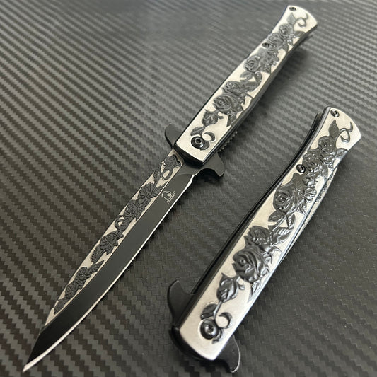 BladeDelaUSA 9” Black Rose Engraved Cute Spring Assisted Open Blade Folding Pocket Knife. Hunting, Camping, Cute Knife. Cool Knife