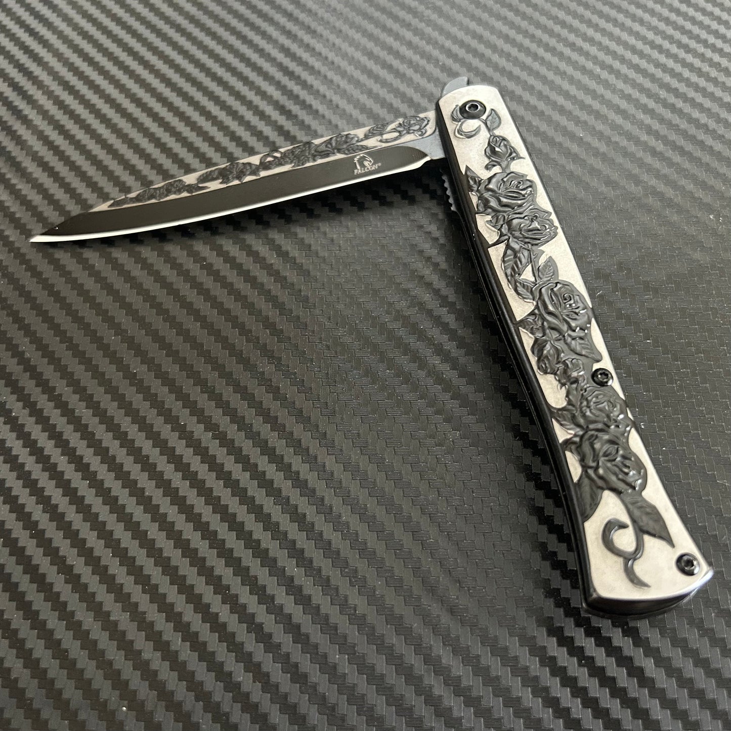 BladeDelaUSA 9” Black Rose Engraved Cute Spring Assisted Open Blade Folding Pocket Knife. Hunting, Camping, Cute Knife. Cool Knife