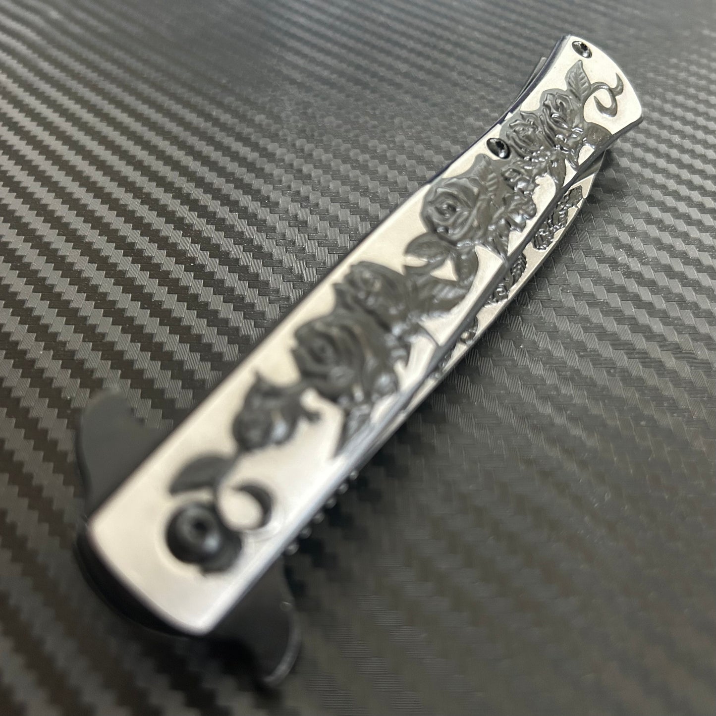 BladeDelaUSA 9” Black Rose Engraved Cute Spring Assisted Open Blade Folding Pocket Knife. Hunting, Camping, Cute Knife. Cool Knife