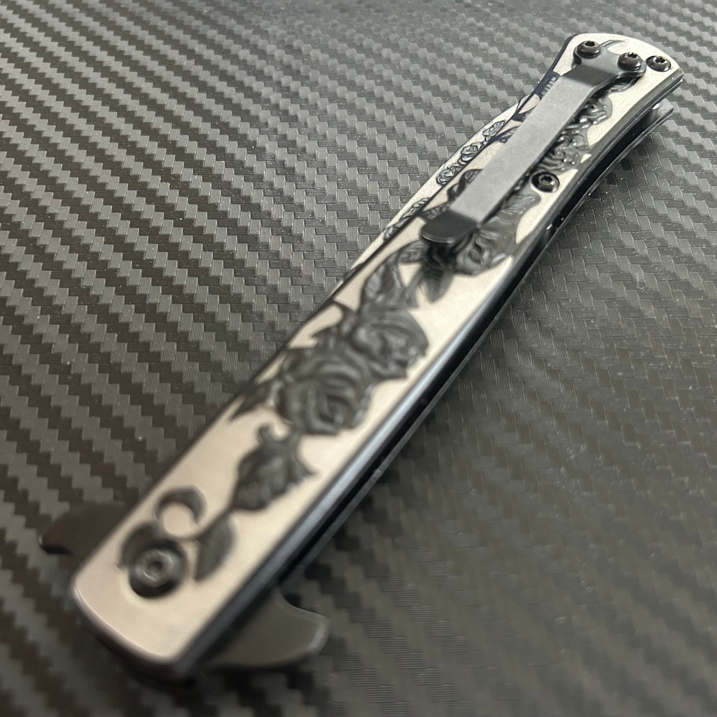 BladeDelaUSA 9” Black Rose Engraved Cute Spring Assisted Open Blade Folding Pocket Knife. Hunting, Camping, Cute Knife. Cool Knife