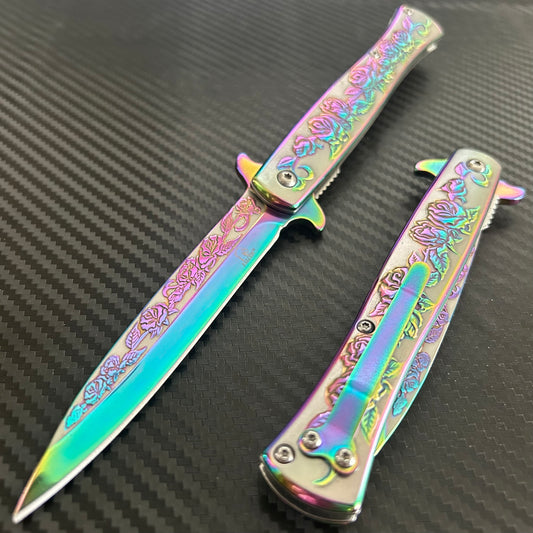 BladeDelaUSA 9” Rainbow Rose Engraved Cute Spring Assisted Open Blade Folding Pocket Knife. Hunting, Camping, Gift Knife. Cool Knife. Cute Knife