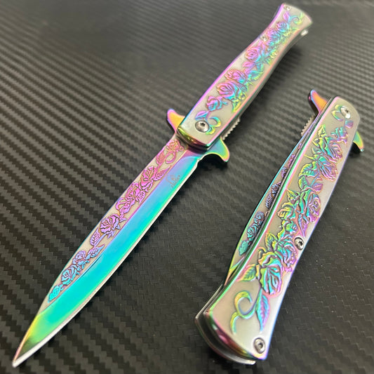 BladeDelaUSA 9” Rainbow Rose Engraved Cute Spring Assisted Open Blade Folding Pocket Knife. Hunting, Camping, Gift Knife. Cool Knife. Cute Knife