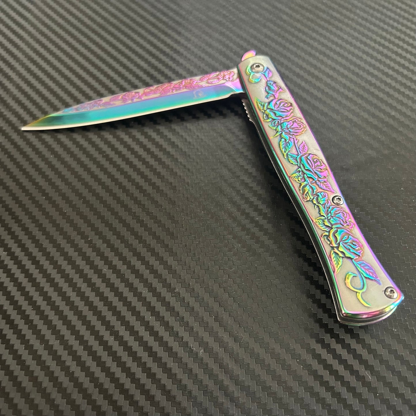 BladeDelaUSA 9” Rainbow Rose Engraved Cute Spring Assisted Open Blade Folding Pocket Knife. Hunting, Camping, Gift Knife. Cool Knife. Cute Knife
