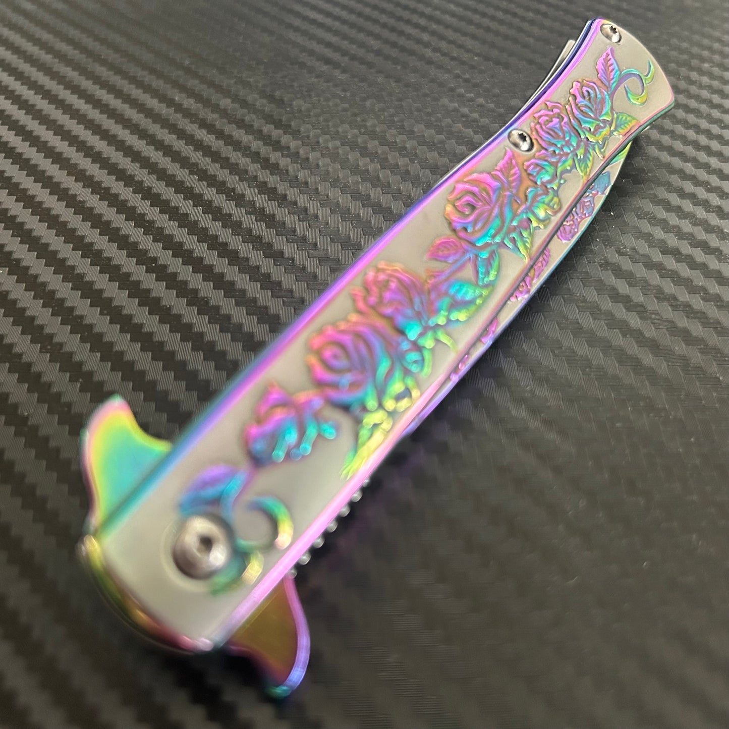 BladeDelaUSA 9” Rainbow Rose Engraved Cute Spring Assisted Open Blade Folding Pocket Knife. Hunting, Camping, Gift Knife. Cool Knife. Cute Knife