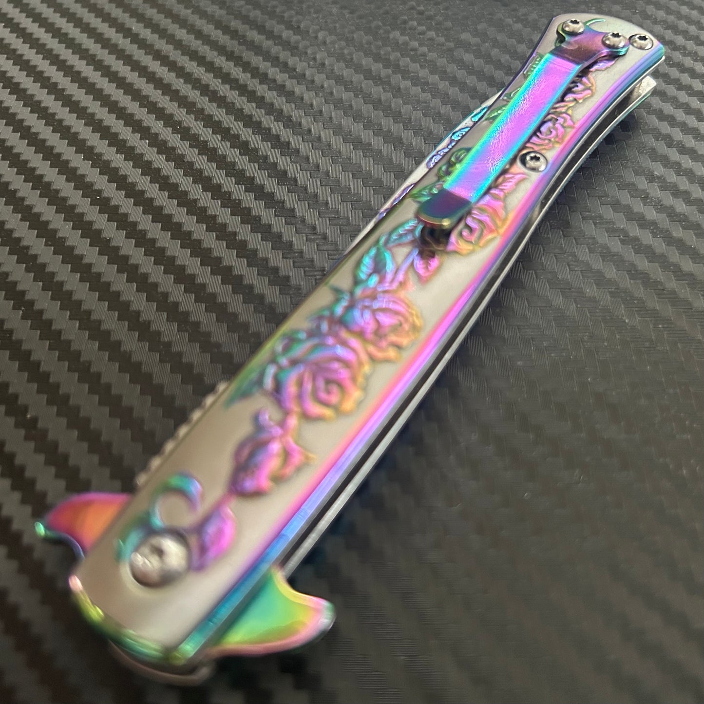 BladeDelaUSA 9” Rainbow Rose Engraved Cute Spring Assisted Open Blade Folding Pocket Knife. Hunting, Camping, Gift Knife. Cool Knife. Cute Knife
