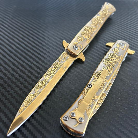 BladeDealUSA 9” Gold Rose Engraved Cute Spring Assisted Open Blade Folding Pocket Knife. Hunting, Camping, Cute Knife. Cool Knife