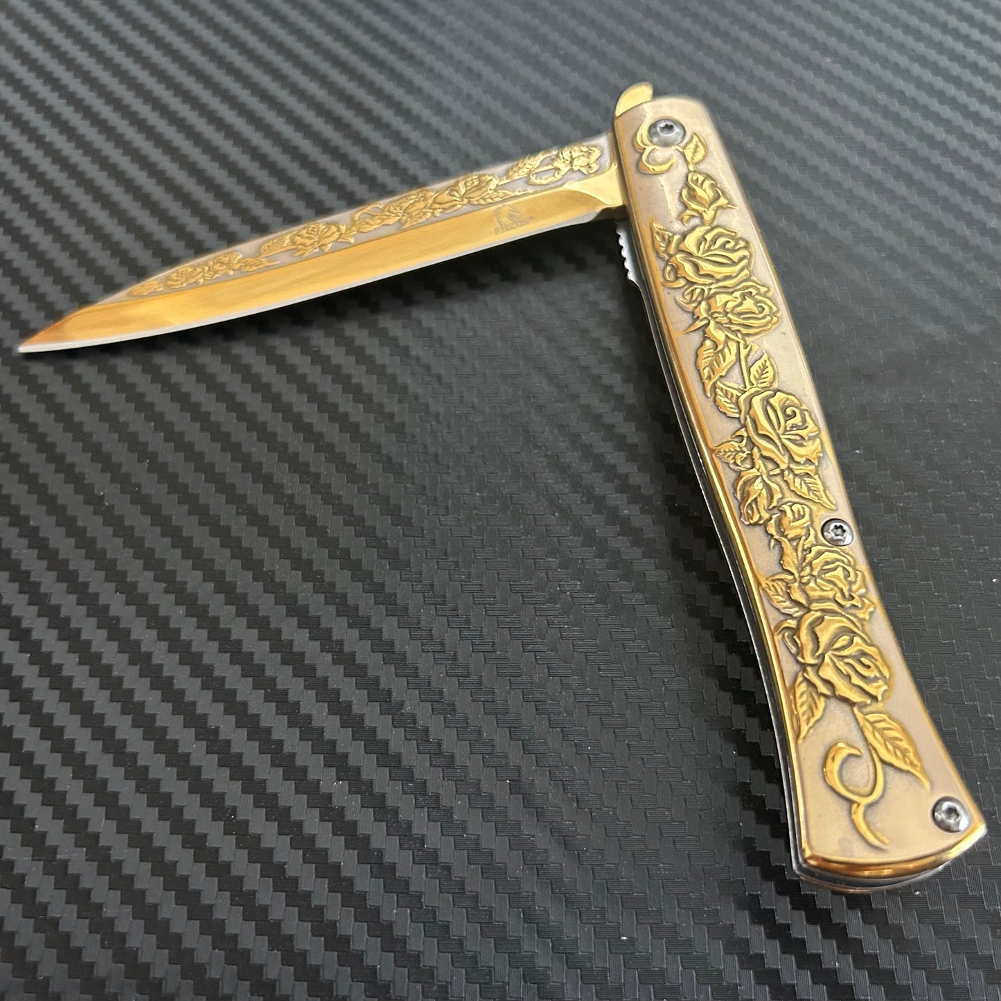 BladeDealUSA 9” Gold Rose Engraved Cute Spring Assisted Open Blade Folding Pocket Knife. Hunting, Camping, Cute Knife. Cool Knife