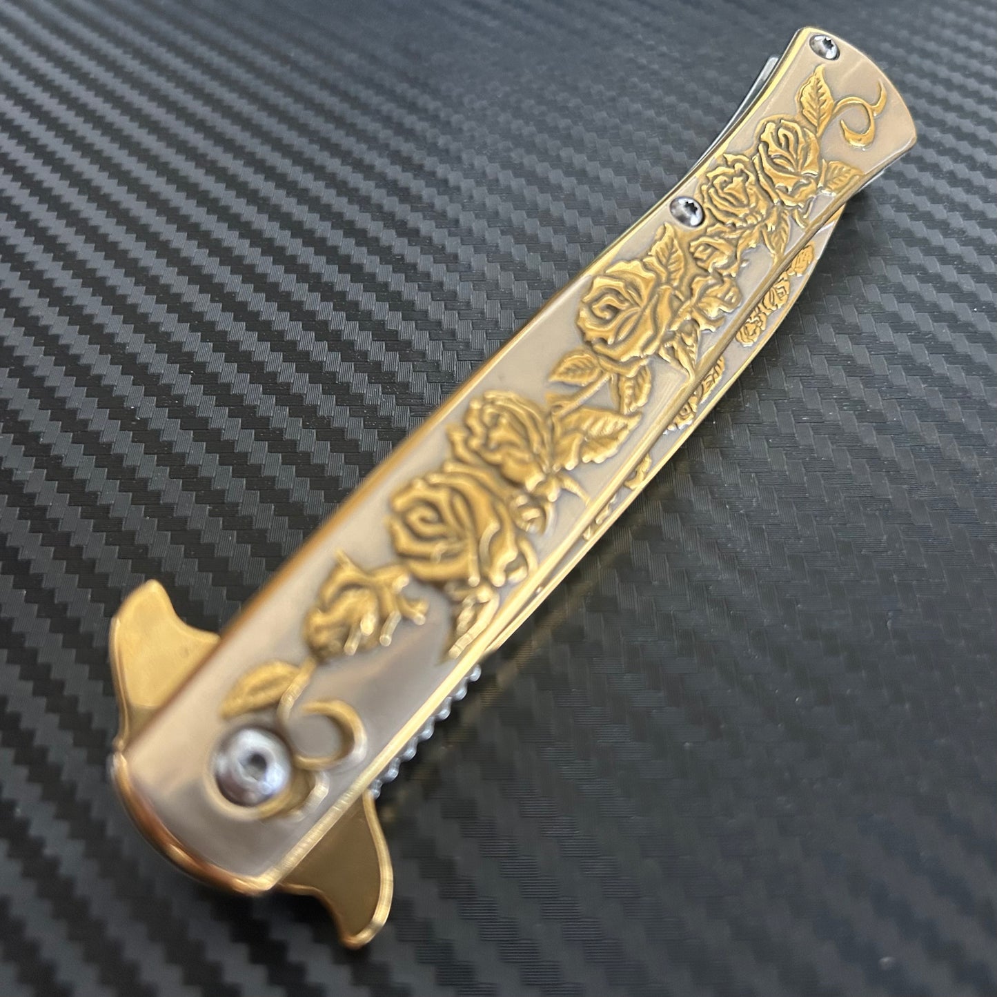 BladeDealUSA 9” Gold Rose Engraved Cute Spring Assisted Open Blade Folding Pocket Knife. Hunting, Camping, Cute Knife. Cool Knife