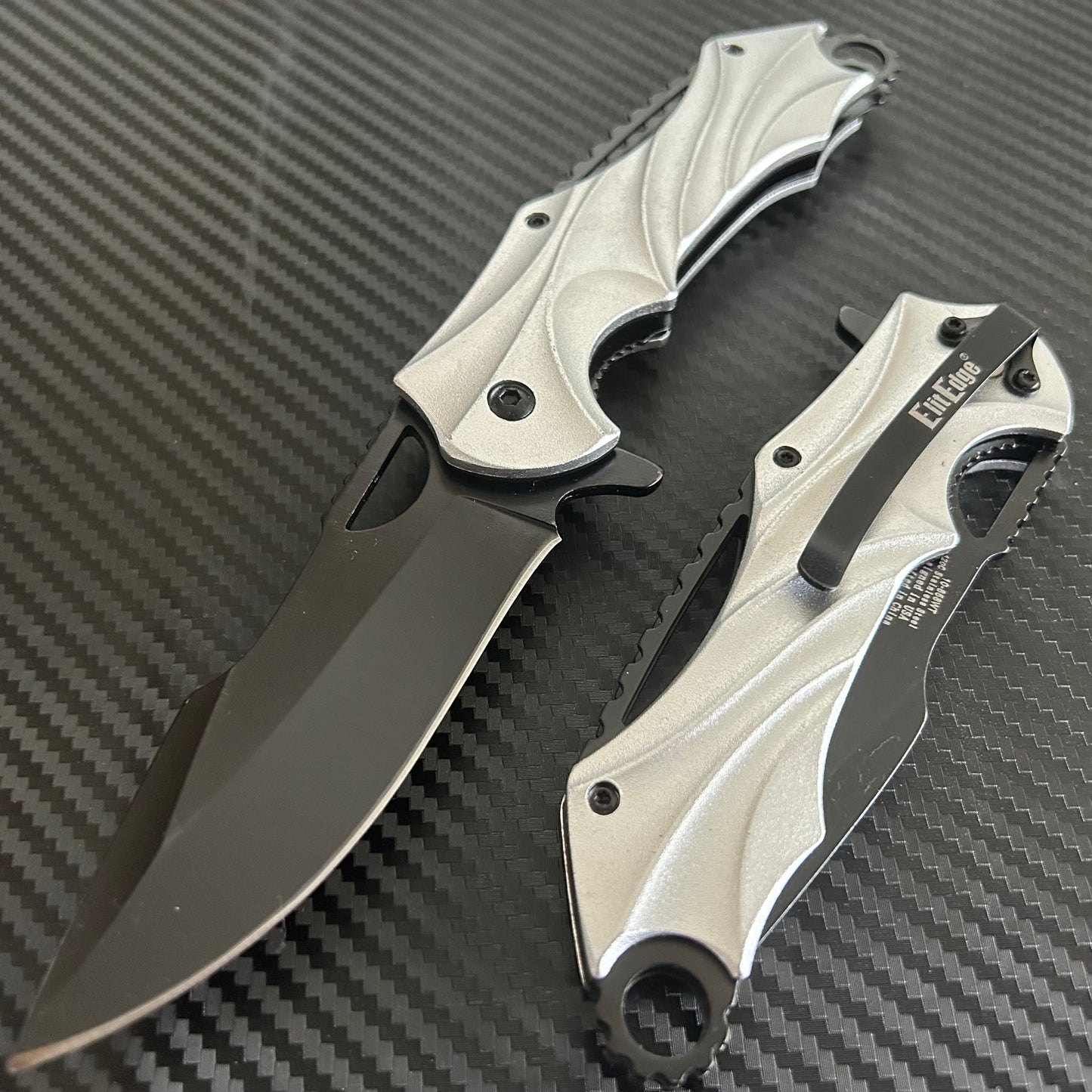 ElitEdge 8.5” Silver Military Tactical Cool Knife Spring Assisted Open Blade Folding Pocket knife. Hunting, Camping, Cute Knife. Cute Knives