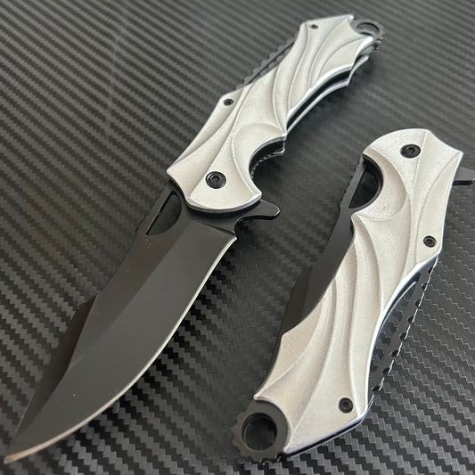 ElitEdge 8.5” Silver Military Tactical Cool Knife Spring Assisted Open Blade Folding Pocket knife. Hunting, Camping, Cute Knife. Cute Knives